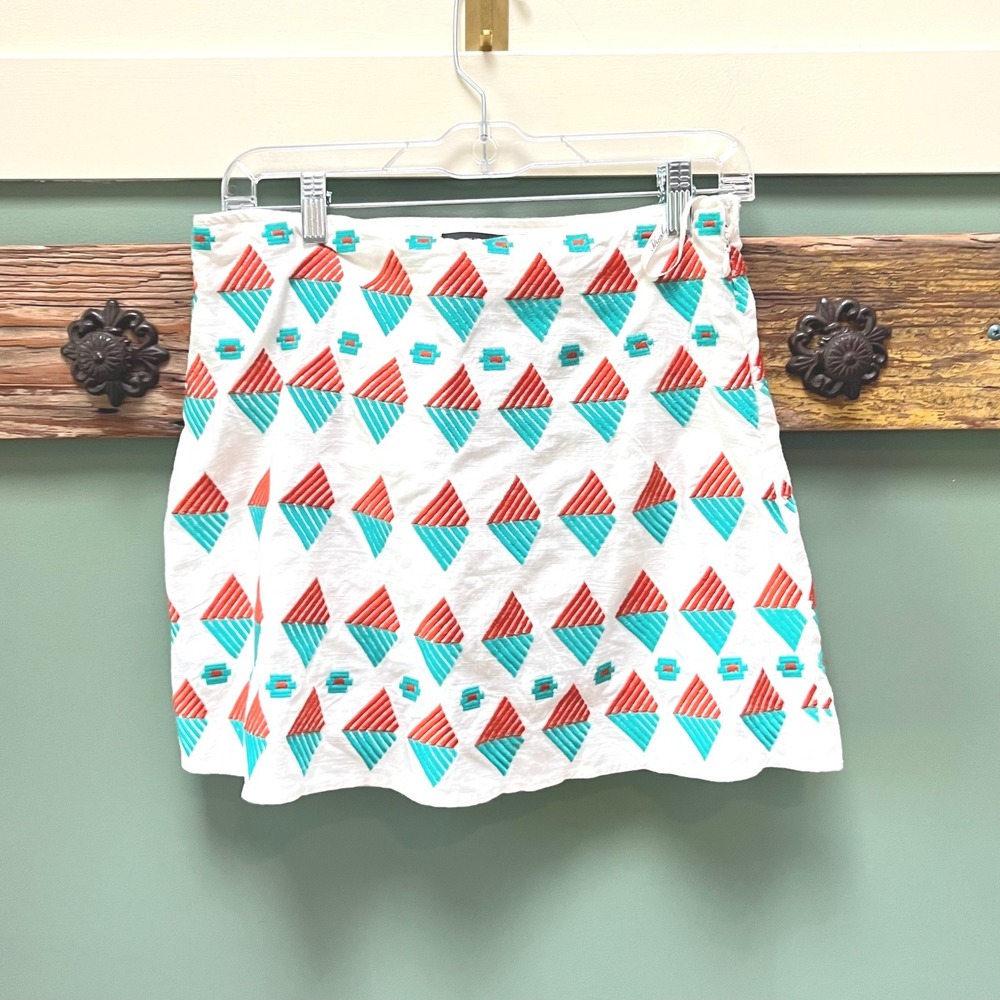 THML Womens White Embroidered Geometric Diamond Linen Blend Mini Skirt Size M